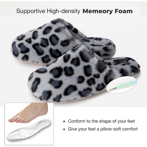⚡Women's Cheetah Grey Fuzzy Scuff Slippers Soft Comfy Memory Foam Non Slip - Picture 5 of 6